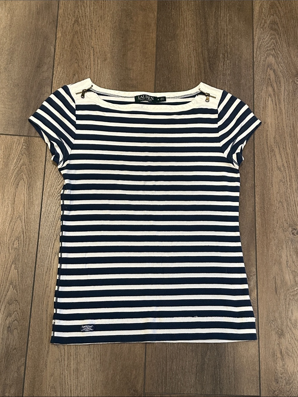 Lauren Ralph Lauren Navy & White Striped Zip-Shoulder Tee
